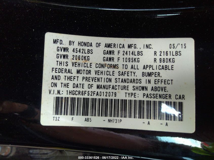 2015 HONDA ACCORD HYBRID EX-L 1HGCR6F52FA012079