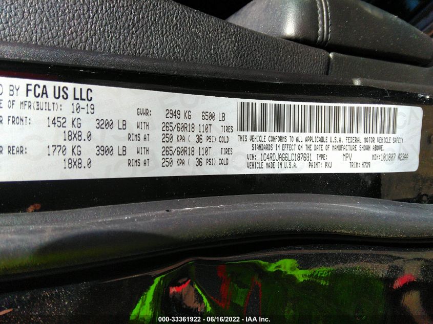 2020 DODGE DURANGO SXT PLUS 1C4RDJAG6LC187681
