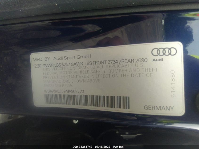 2021 AUDI RS 5 SPORTBACK WUAAWCF59MA902723