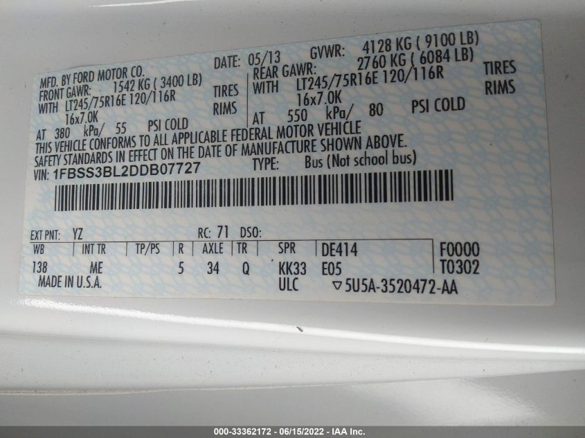 2013 FORD ECONOLINE WAGON XL/XLT 1FBSS3BL2DDB07727