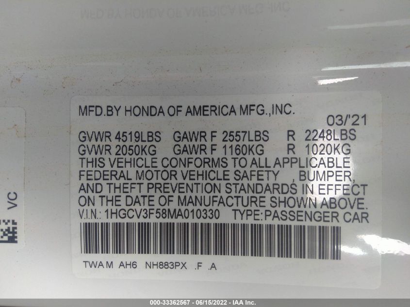2021 HONDA ACCORD HYBRID EX-L 1HGCV3F58MA010330