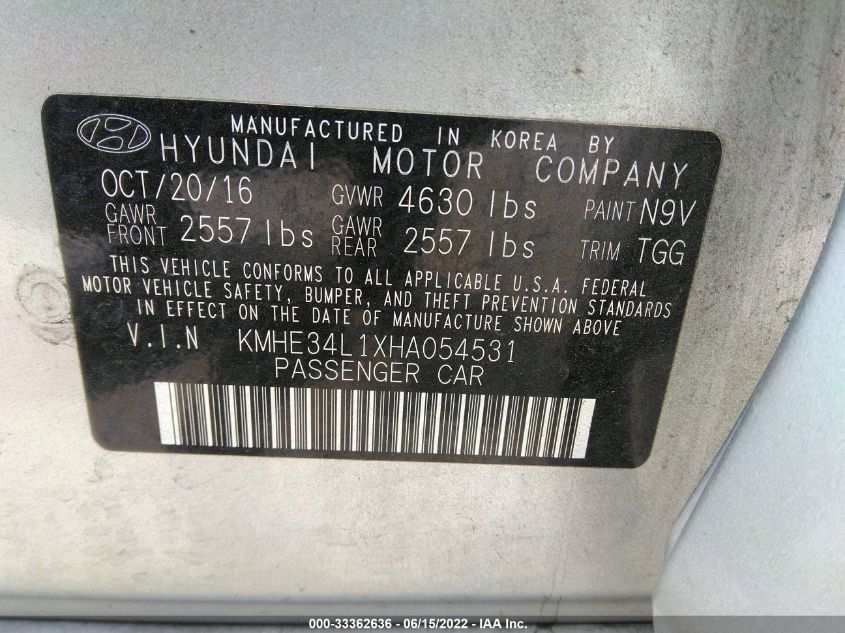 2017 HYUNDAI SONATA HYBRID LIMITED KMHE34L1XHA054531
