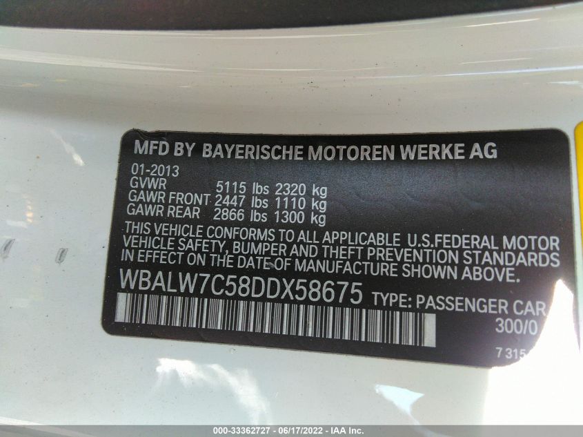 2013 BMW 6 SERIES 640I WBALW7C58DDX58675
