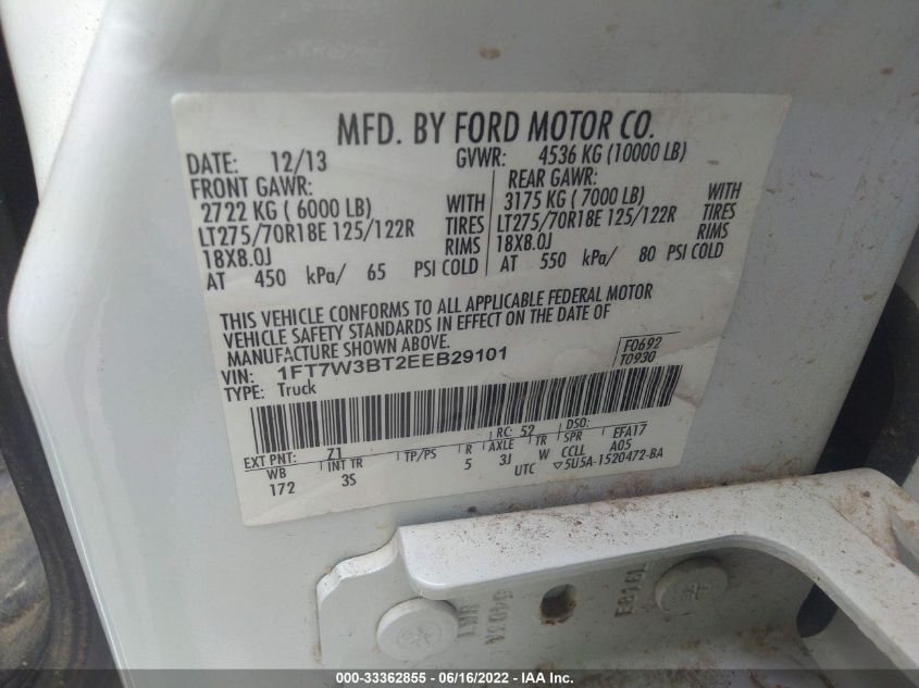 2014 FORD SUPER DUTY F-350 SRW XLT/XL/LARIAT/PLATINUM 1FT7W3BT2EEB29101