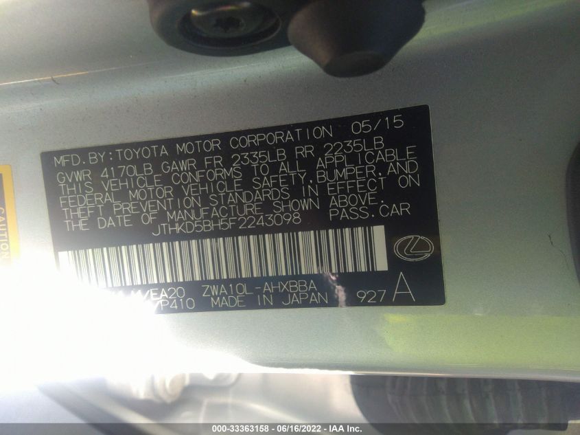 2015 LEXUS CT 200H 200 JTHKD5BH5F2243098