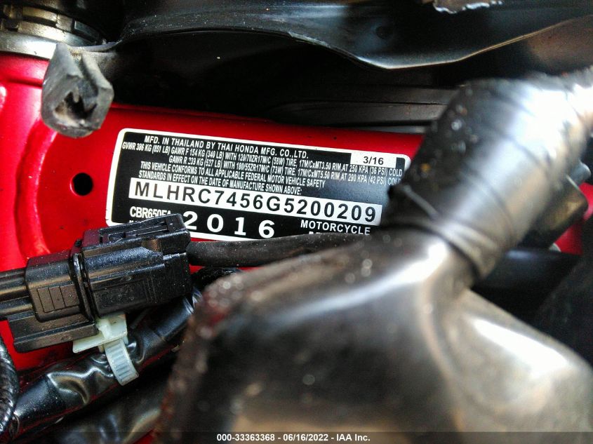 2016 HONDA CBR650 FA MLHRC7456G5200209