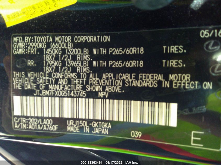 2016 LEXUS GX 460 JTJBM7FX0G5143745