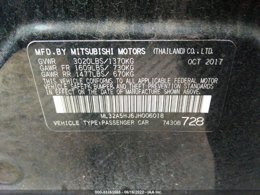 2018 MITSUBISHI MIRAGE GT ML32A5HJ6JH006018