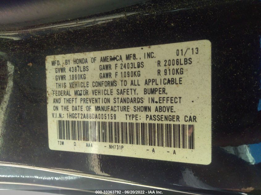 2013 HONDA ACCORD CPE EX-L 1HGCT2A88DA005159