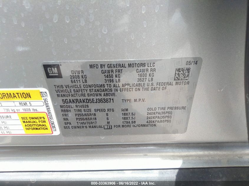 2014 BUICK ENCLAVE CONVENIENCE 5GAKRAKD5EJ363871