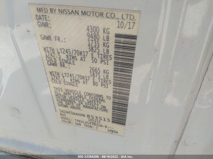 2017 NISSAN NV PASSENGER 3500/S/SV/SL 5BZAF0AAXHN853515