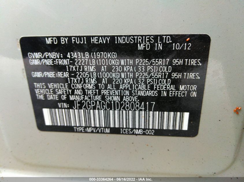2013 SUBARU XV CROSSTREK LIMITED JF2GPAGC1D2808417
