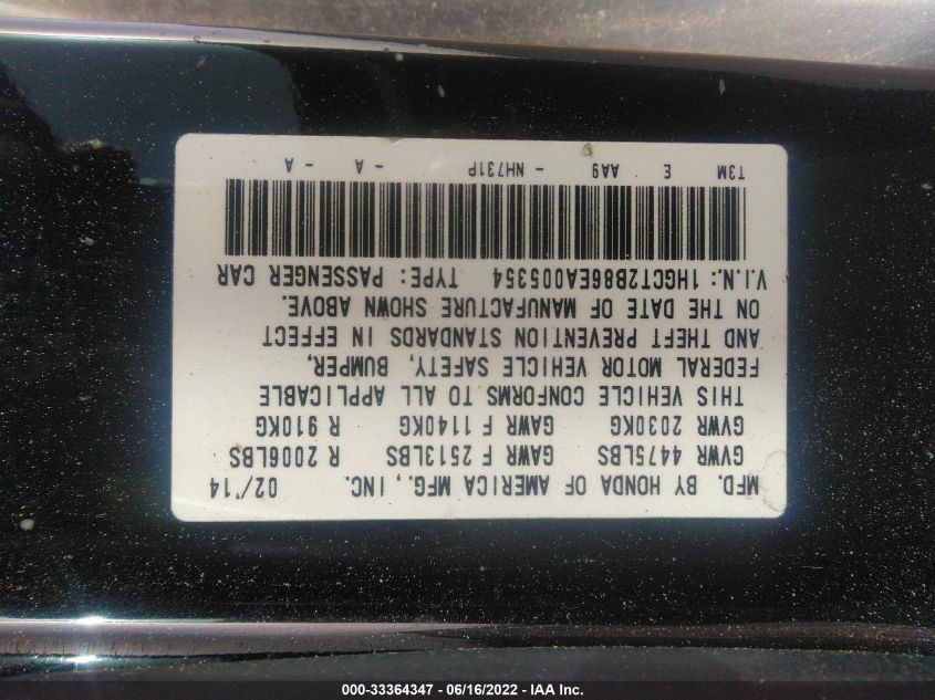 2014 HONDA ACCORD CPE EX-L 1HGCT2B86EA005354