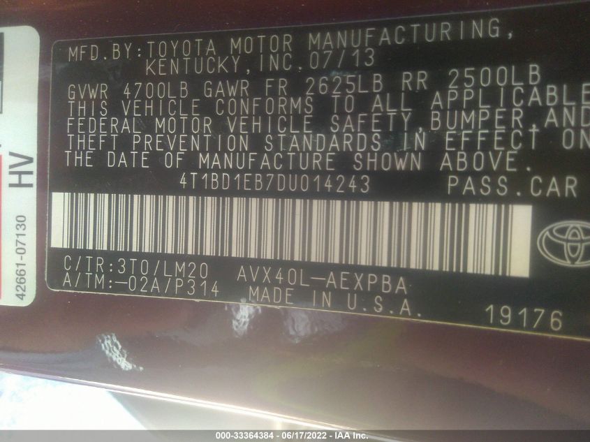 2013 TOYOTA AVALON HYBRID XLE PREMIUM 4T1BD1EB7DU014243