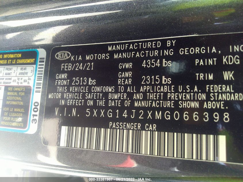 2021 KIA K5 LXS 5XXG14J2XMG066398