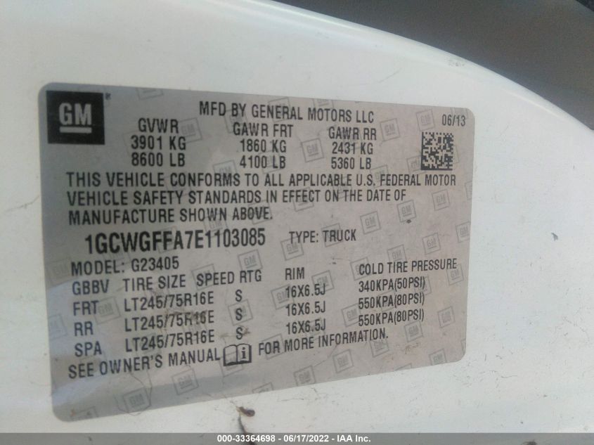 2014 CHEVROLET EXPRESS CARGO VAN 1GCWGFFA7E1103085