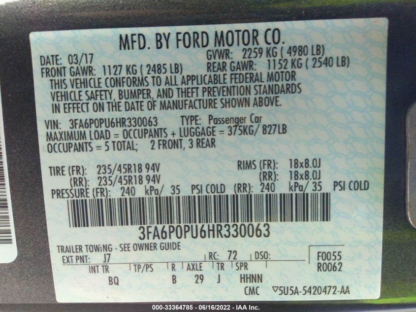 2017 FORD FUSION ENERGI SE PHEV 3FA6P0PU6HR330063