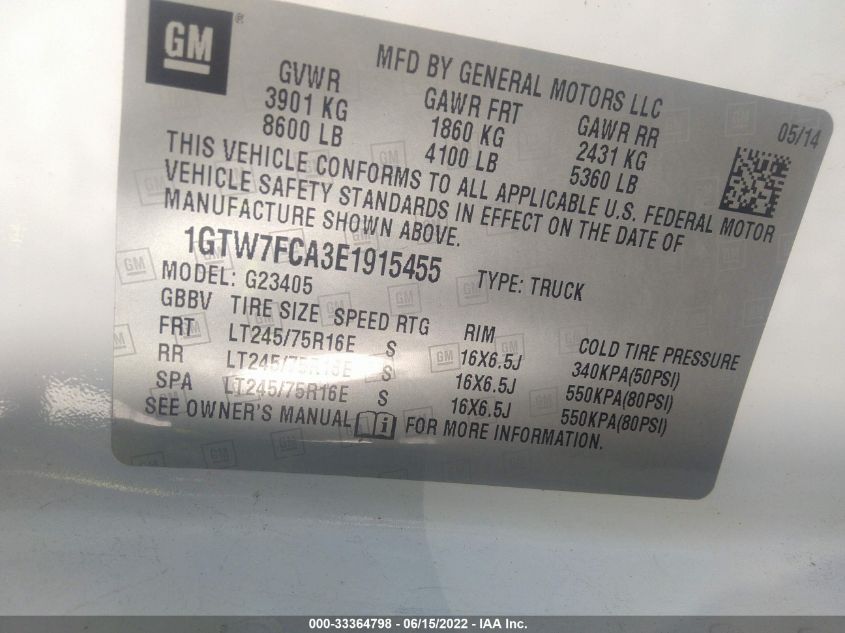2014 GMC SAVANA CARGO VAN 1GTW7FCA3E1915455