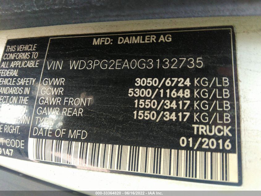 2016 MERCEDES-BENZ METRIS CARGO VAN WD3PG2EA0G3132735