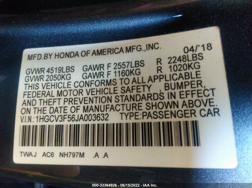 2018 HONDA ACCORD HYBRID EX-L 1HGCV3F56JA003632