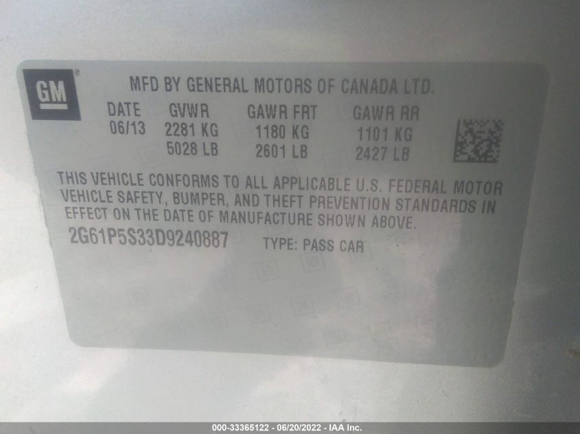 2013 CADILLAC XTS LUXURY 2G61P5S33D9240887