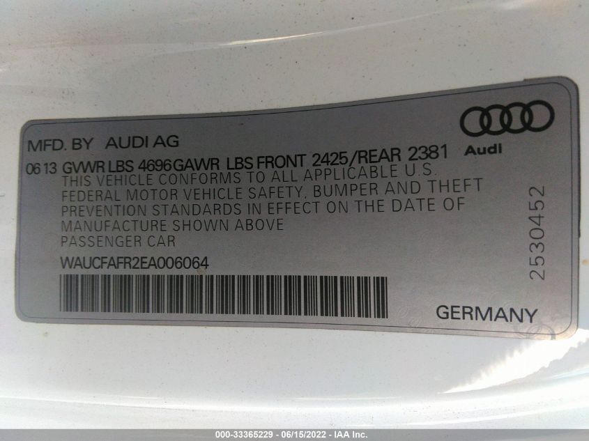 2014 AUDI A5 PREMIUM WAUCFAFR2EA006064