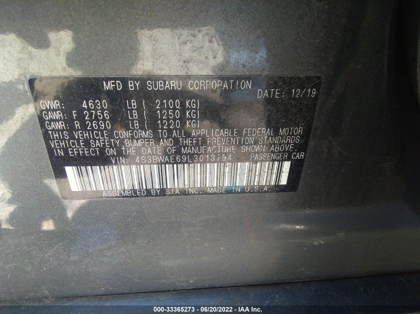 2020 SUBARU LEGACY PREMIUM 4S3BWAE69L3013794