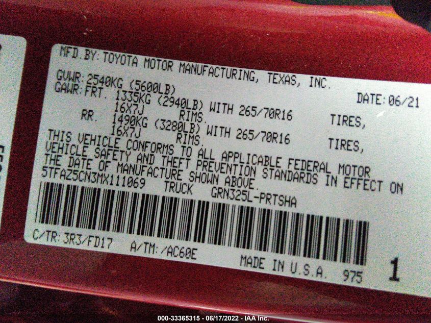 2021 TOYOTA TACOMA 2WD SR5/TRD SPORT 5TFAZ5CN3MX111069