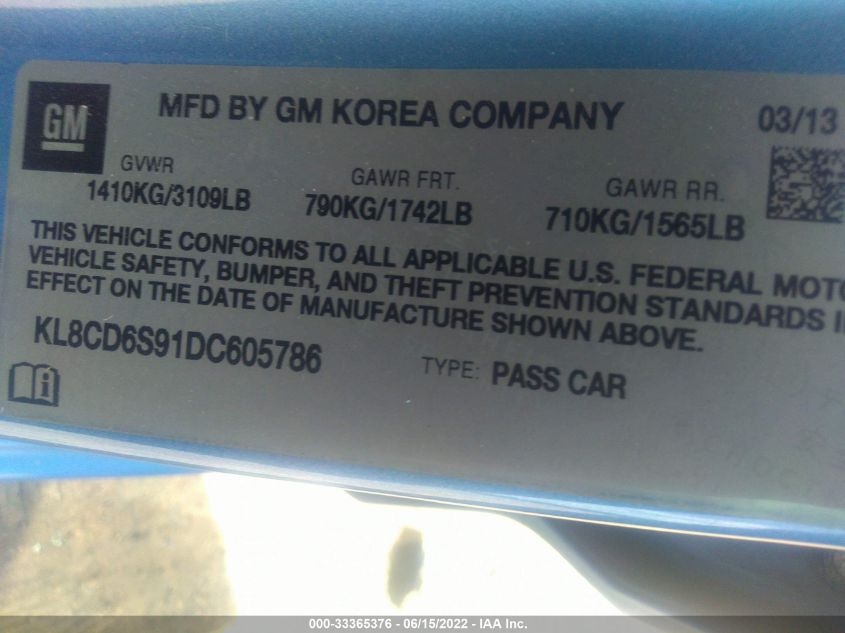 2013 CHEVROLET SPARK LT KL8CD6S91DC605786