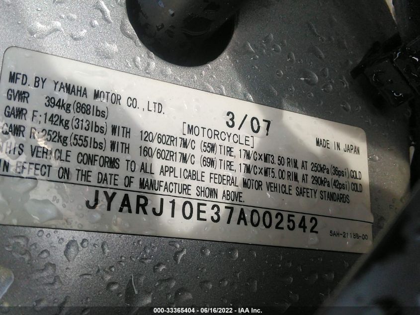 2007 YAMAHA YZF600 R JYARJ10E37A002542