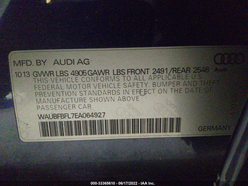 2014 AUDI A4 PREMIUM WAUBFBFL7EA064927