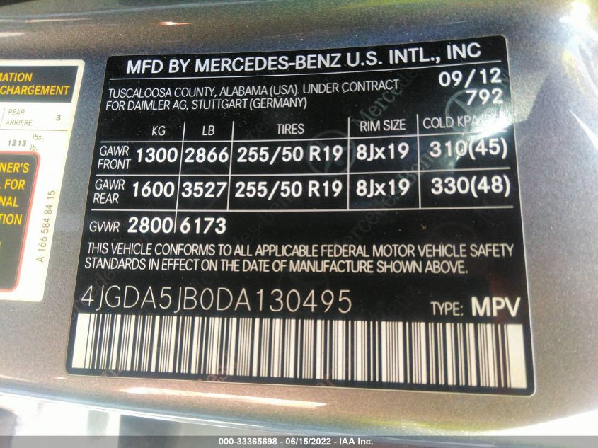 2013 MERCEDES-BENZ M-CLASS ML 350 4JGDA5JB0DA130495
