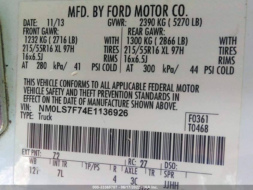 2014 FORD TRANSIT CONNECT XLT NM0LS7F74E1136926