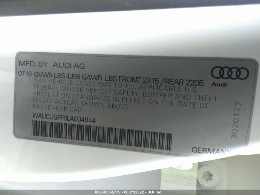 2020 AUDI A3 SEDAN PREMIUM PLUS WAUCUGFF6LA004944