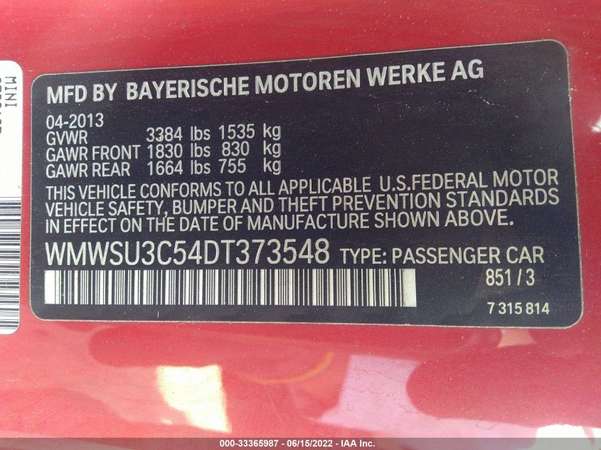 2013 MINI COOPER HARDTOP WMWSU3C54DT373548