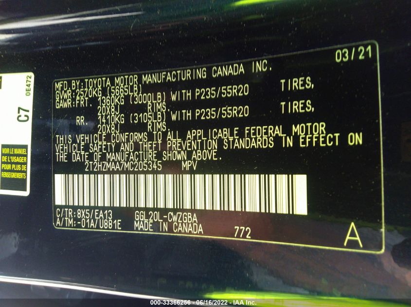 2021 LEXUS RX RX 350 2T2HZMAA7MC205345