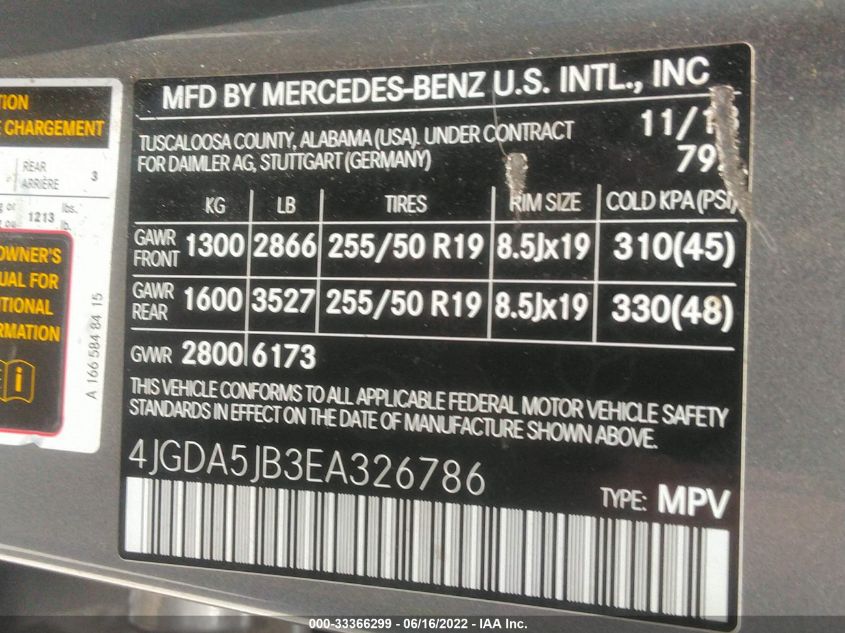 2014 MERCEDES-BENZ M-CLASS ML 350 4JGDA5JB3EA326786
