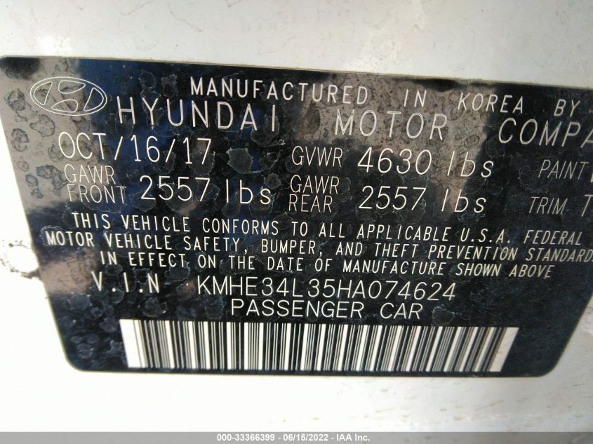 2017 HYUNDAI SONATA HYBRID LIMITED KMHE34L35HA074624