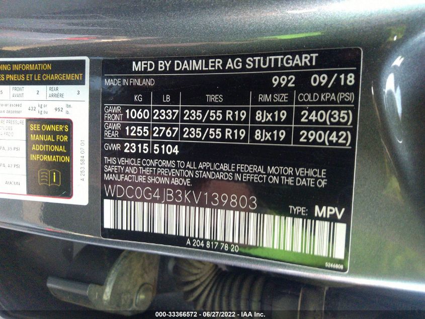 2019 MERCEDES-BENZ GLC GLC 300 WDC0G4JB3KV139803