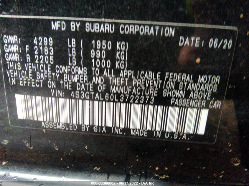2020 SUBARU IMPREZA SPORT 4S3GTAL60L3722373
