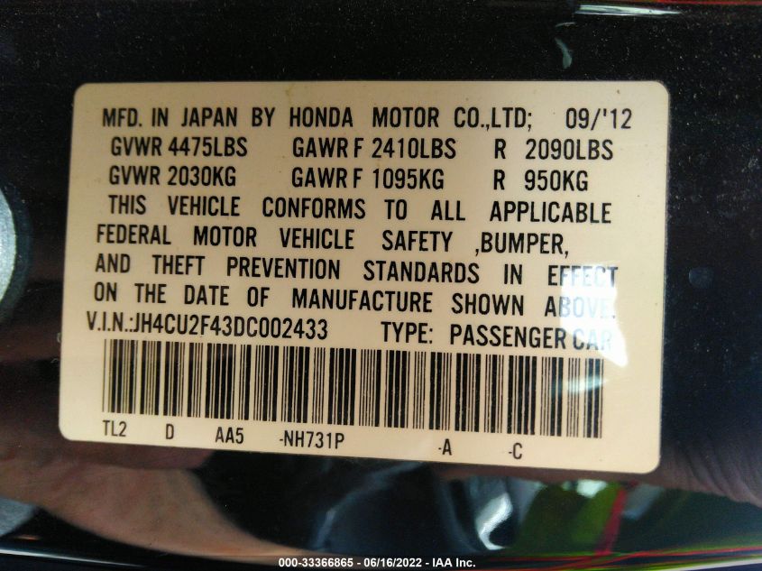 2013 ACURA TSX JH4CU2F43DC002433