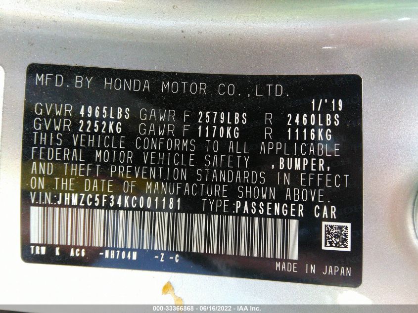 2019 HONDA CLARITY PLUG-IN HYBRID JHMZC5F34KC001181
