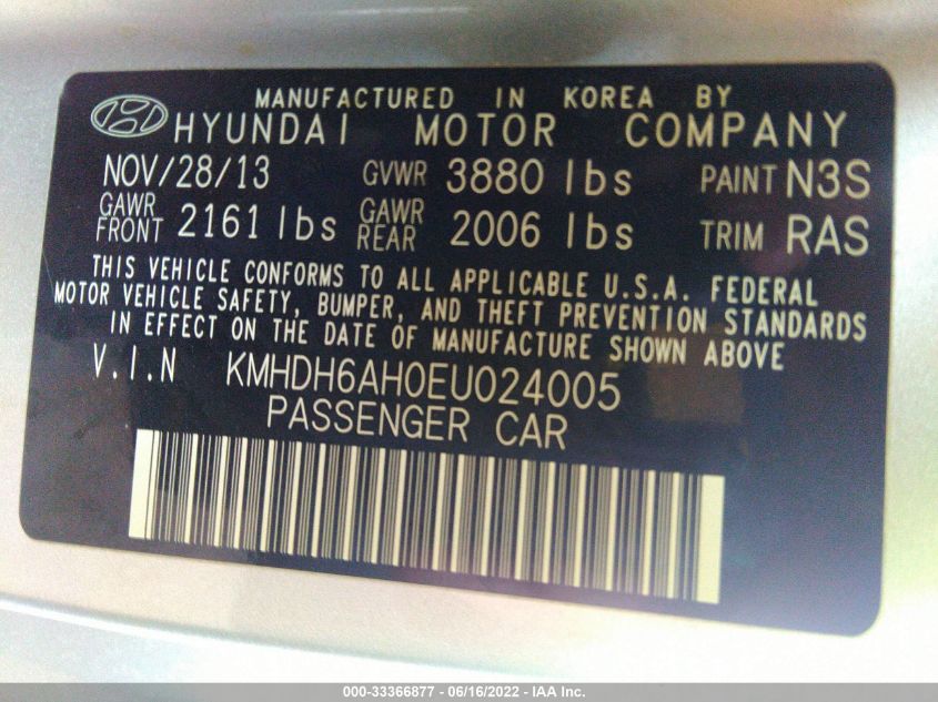 2014 HYUNDAI ELANTRA COUPE KMHDH6AH0EU024005