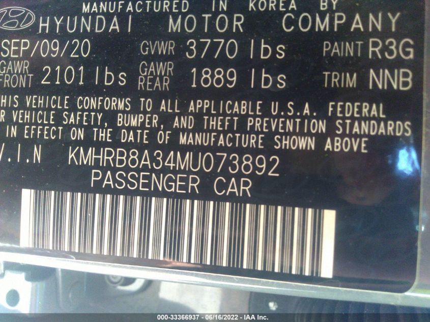2021 HYUNDAI VENUE SE KMHRB8A34MU073892