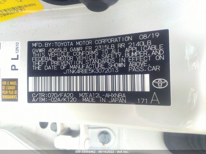 2019 TOYOTA COROLLA HATCHBACK SE/XSE JTNK4RBE5K3072013