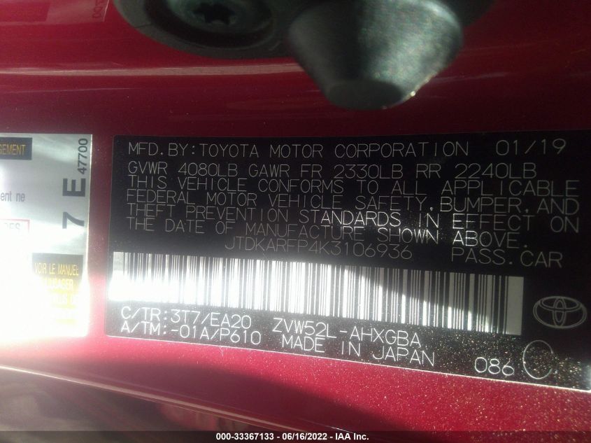 2019 TOYOTA PRIUS PRIME PLUS/PREMIUM/ADVANCED JTDKARFP4K3106936