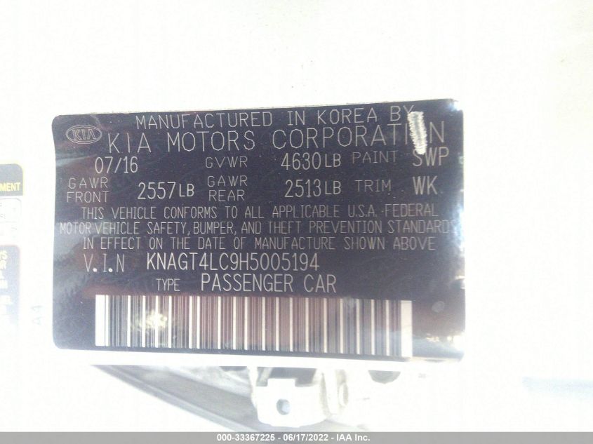 2017 KIA OPTIMA HYBRID BASE KNAGT4LC9H5005194