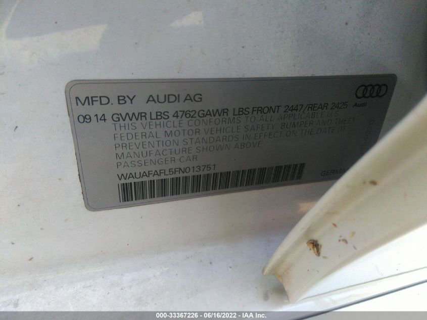 2015 AUDI A4 PREMIUM WAUAFAFL5FN013751