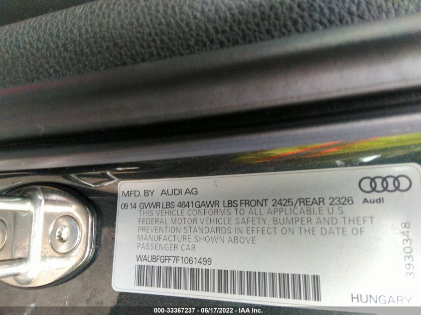 2015 AUDI S3/A3 PREMIUM PLUS WAUBFGFF7F1061499