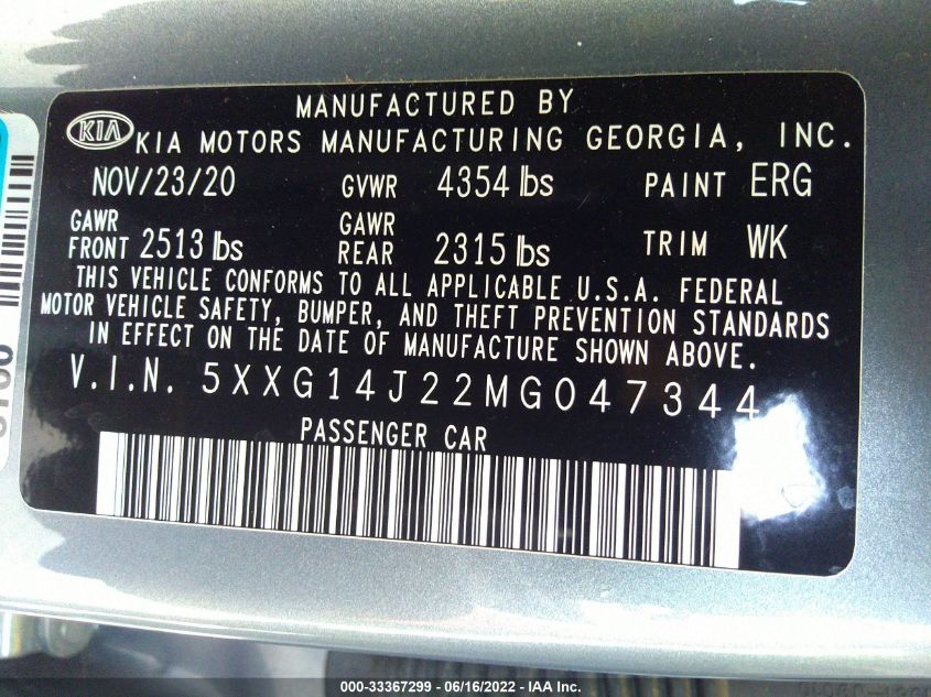 2021 KIA K5 LXS 5XXG14J22MG047344